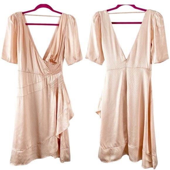 LPA Soft Blush Pink 3/4 Sleeve V Neck & Back Elettra Satin Jacquard Smocked S - Picture 2 of 13